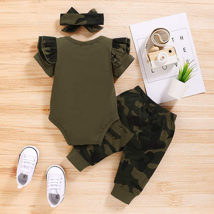 3PCS Newborn Baby Girls Clothes Infant Outfit,Romper Bodysuit Short Sleeve Tops Ruffled Jumpsuit + Camouflage Pants+Headband Casual Set(Army Green6,3-6M)