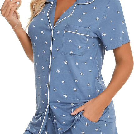 Womens Pajamas Set Short Sleeve Sleepwear Button down Nightwear Shorts Soft Pj Sets S-XXL