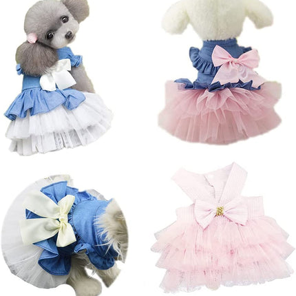 Dog Dress Cowboy Bow Jumpsuits Pets Party Clothes for Puppy Cat Lace Skirt Mesh Princess Tutu Dresses