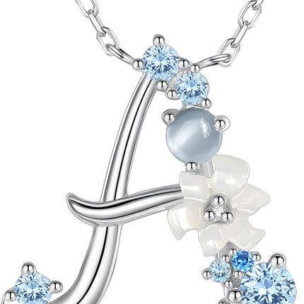 Initial Necklace for Women 925 Sterling Silver Initial a to Z Letter Pendant Necklace with Blue Flower Cubic Zirconia Birthday Engagement Gift for Women,Mom, Couple