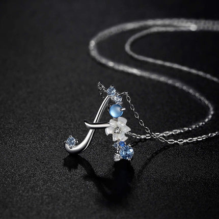 Initial Necklace for Women 925 Sterling Silver Initial a to Z Letter Pendant Necklace with Blue Flower Cubic Zirconia Birthday Engagement Gift for Women,Mom, Couple