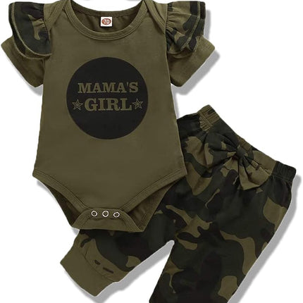 3PCS Newborn Baby Girls Clothes Infant Outfit,Romper Bodysuit Short Sleeve Tops Ruffled Jumpsuit + Camouflage Pants+Headband Casual Set(Army Green6,3-6M)