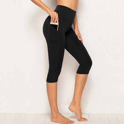 3/4 Sport Pants Women Pockets Capris Pant Female Leggings Women Fitness Gym High Waist Leggins Black Cropped Leggings Summer New - STYIEN
