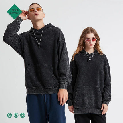 100 Percent Cotton Hoodies Unisex Vintage Black Acid Wash Hip Hop Sweatshirts Casual Pullover Hooded Shirt Y2K - STYIEN