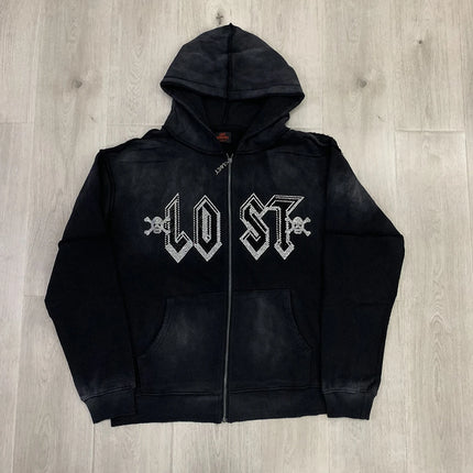 Men's Washed Cotton Hooded Sweatshirt Oversized Vintage Casual Pullover Rhinestone Accent Autumn Streetwear - STYIEN