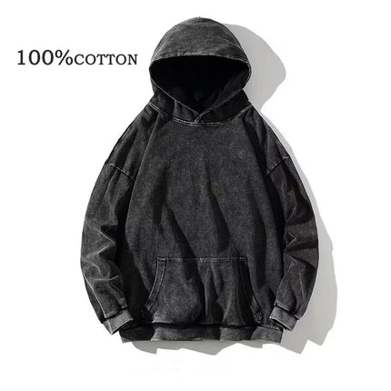100 Percent Cotton Hoodies Unisex Vintage Black Acid Wash Hip Hop Sweatshirts Casual Pullover Hooded Shirt Y2K - STYIEN