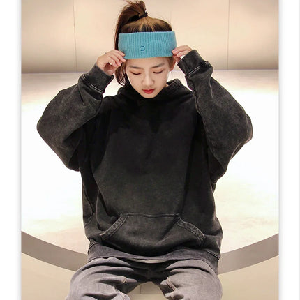 100 Percent Cotton Hoodies Unisex Vintage Black Acid Wash Hip Hop Sweatshirts Casual Pullover Hooded Shirt Y2K - STYIEN