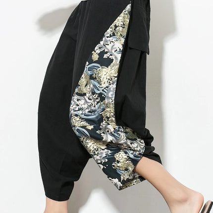 Men Harajuku Harem Pants 2023 Summer Cotton Joggers Calf Length Vintage Chinese Style Print Trousers - STYIEN