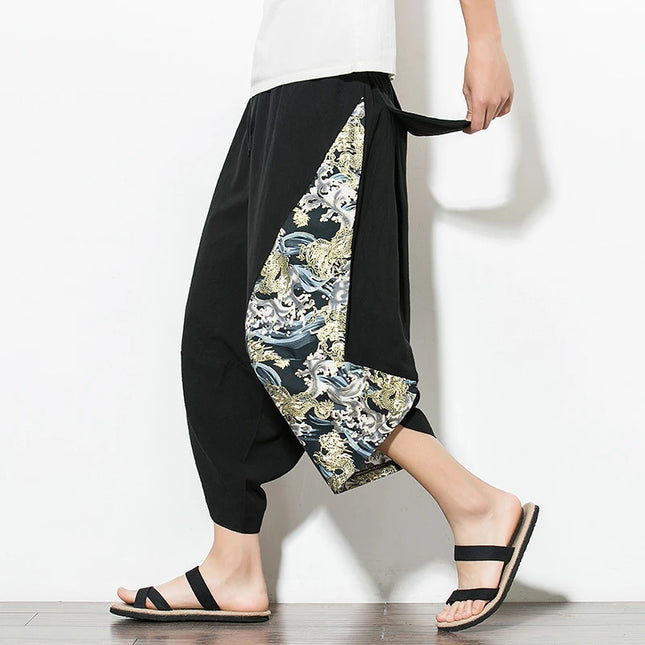Men Harajuku Harem Pants 2023 Summer Cotton Joggers Calf Length Vintage Chinese Style Print Trousers - STYIEN