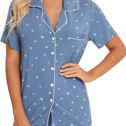 Womens Pajamas Set Short Sleeve Sleepwear Button down Nightwear Shorts Soft Pj Sets S-XXL