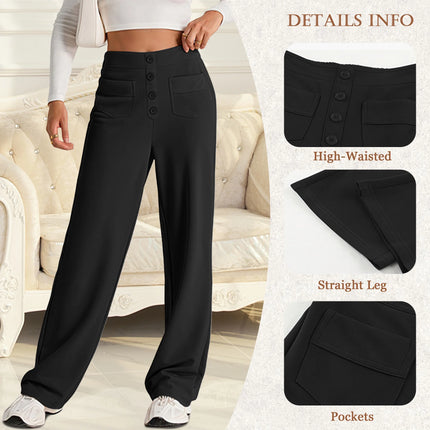 Women's High-Waisted Straight Leg Pants with Multiple Pockets - Stretchy Business Casual Trousers
