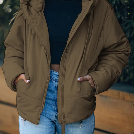 Full Zipper Puffer Jacket for Women Cropped Hooded Puffer Coat Winter Warm with Pockets Petite