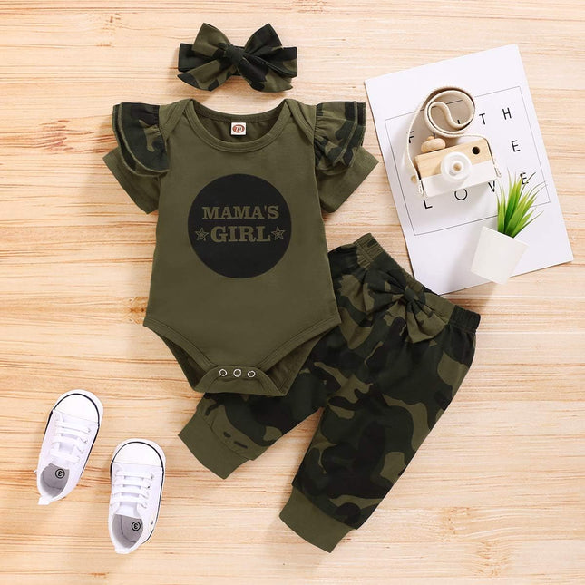 3PCS Newborn Baby Girls Clothes Infant Outfit,Romper Bodysuit Short Sleeve Tops Ruffled Jumpsuit + Camouflage Pants+Headband Casual Set(Army Green6,3-6M)