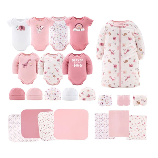 Newborn Layette Gift Set for Baby Girls, 23 Essential Pieces, Pink Rainbow Safari Animals, 0-3 Months - STYIEN