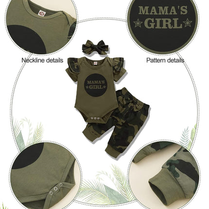 3PCS Newborn Baby Girls Clothes Infant Outfit,Romper Bodysuit Short Sleeve Tops Ruffled Jumpsuit + Camouflage Pants+Headband Casual Set(Army Green6,3-6M)