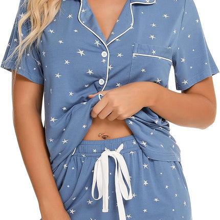 Womens Pajamas Set Short Sleeve Sleepwear Button down Nightwear Shorts Soft Pj Sets S-XXL