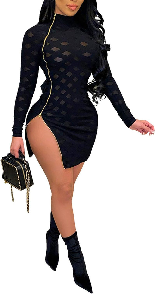 Sexy Sheer Mesh Printed Long Sleeve Midi Club Dress - STYIEN