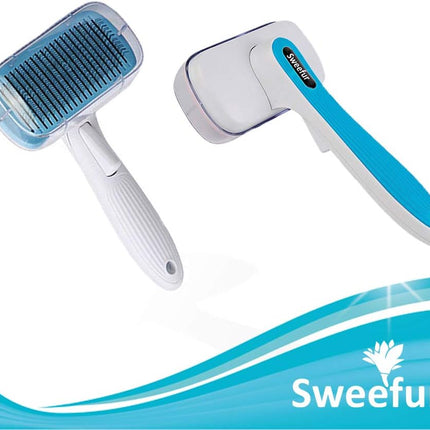 Automatic Pet Hair Removal Comb, Self-Cleaning Slicker Brush for Dogs & Cats- Grooming Shedding Brush for Small, Medium and Large Dogs and Cats- Pet Hair Brush with Soft Grip Handle- Blue - STYIEN