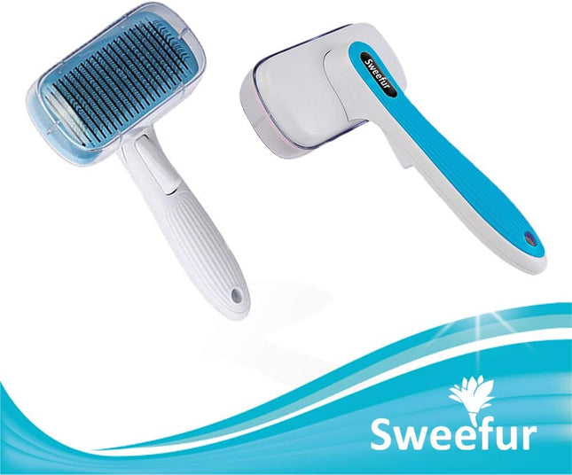 Automatic Pet Hair Removal Comb, Self-Cleaning Slicker Brush for Dogs & Cats- Grooming Shedding Brush for Small, Medium and Large Dogs and Cats- Pet Hair Brush with Soft Grip Handle- Blue - STYIEN