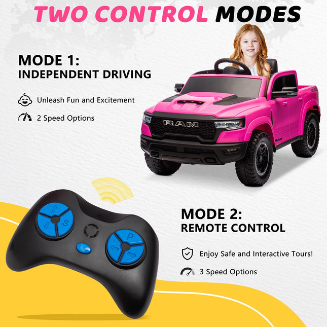 RAM 1500 Ride on Car Toy for Kids, 12V Powered Ride on Truck Toy with Remote Control, 4 Wheel Suspension, Safety Belt, Music, Bluetooth, LED Lights, Electric Cars for 3-5 Yrs Boy Girl, Pink - STYIEN