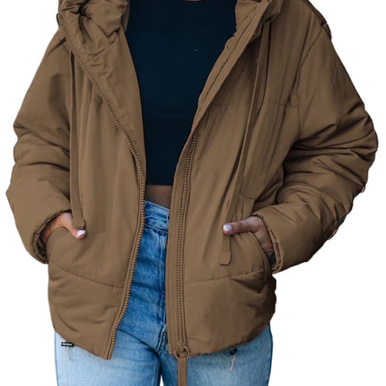 Full Zipper Puffer Jacket for Women Cropped Hooded Puffer Coat Winter Warm with Pockets Petite